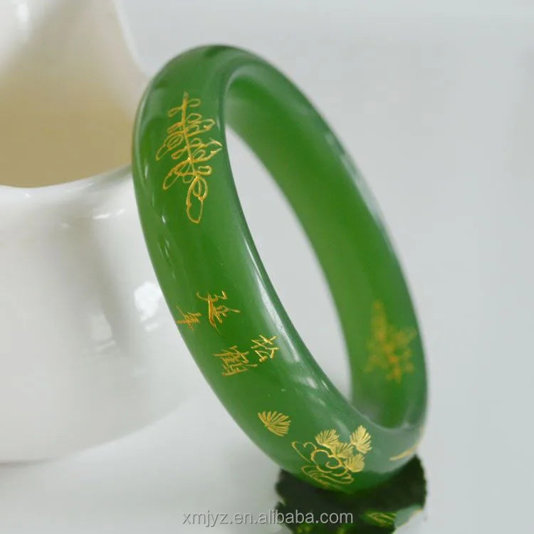 Certified Natural Hetian Jasper a Jade Bracelet Spinach Green Gold Inlaid Jade Pine Crane Jade Bracelet