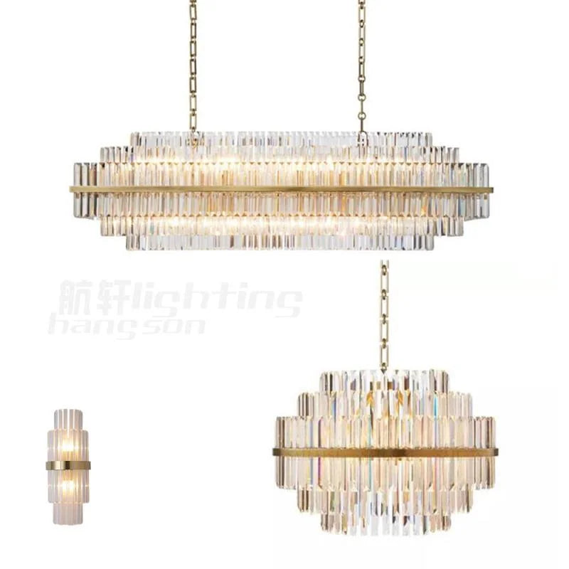 Decorative Round Pendant Hanging Lighting and Lamps Fixture Dining Room Gold K9 Crystal Linear Modern Rectangular Chandelier