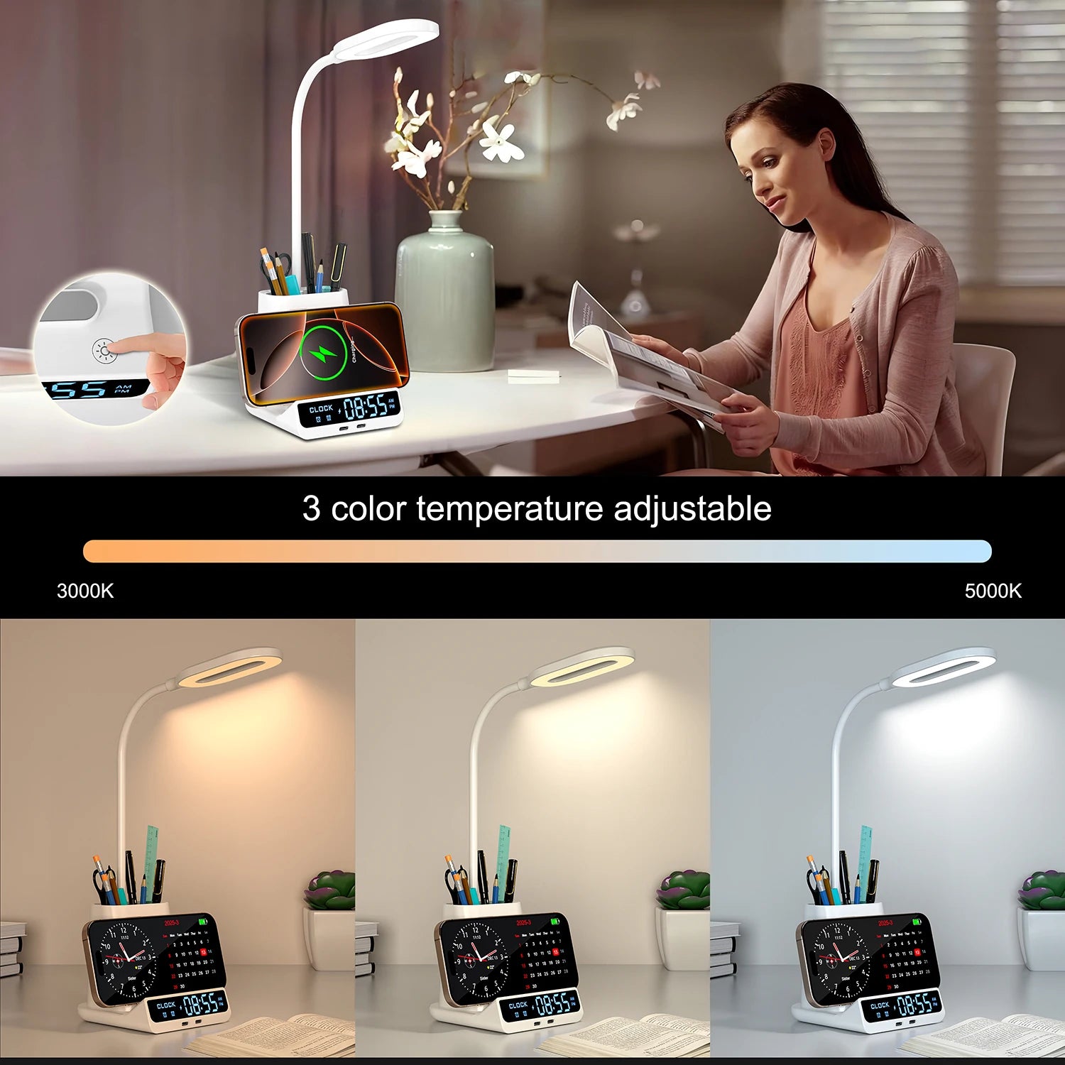 Excluded From Sale in India-5in1 Table Desk Lamp Alarm Clock Wireless Charger Wireless Charging Station 15W With Pen Holder