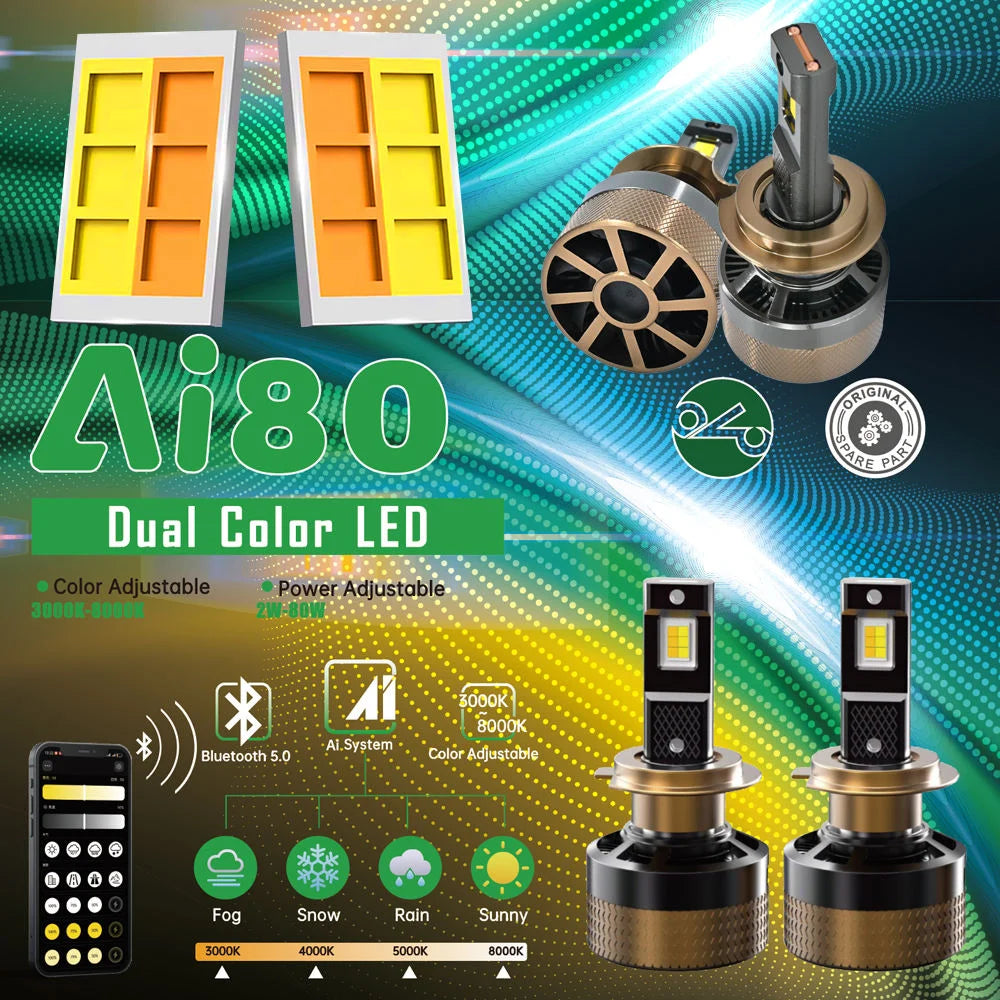 For Infitary AI Smart 80W LED Headlight Bulb APP Control Bluetooth5.0 3000K 8000K H4 H7 H11 9005 9006 Car LED Light 80W APP New