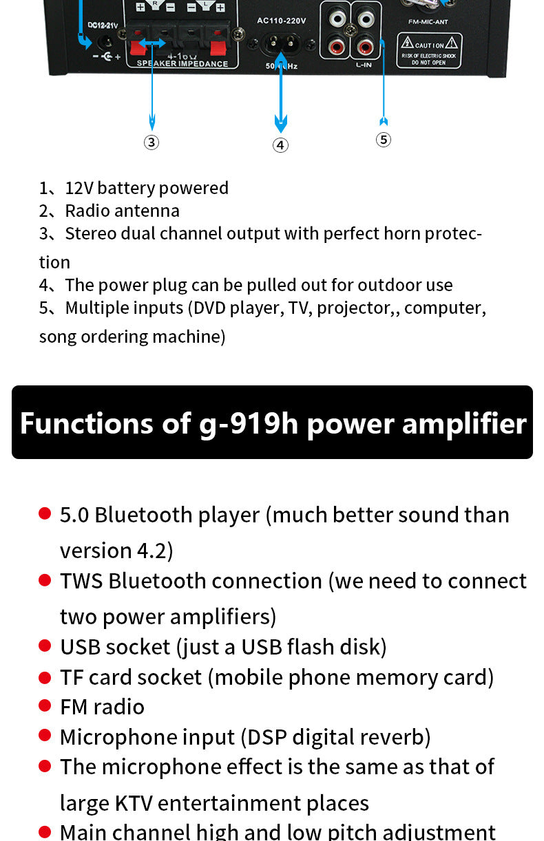 G-919H 1000W Home Power Amplifiers Audio Bluetooth Amplificador Subwoofer Speakers Theater Audio Sound System 220V/110V FM