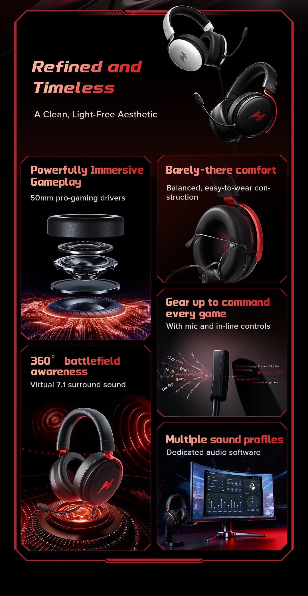 HAYLOU HexStorm G1 Wired Gaming Headphone 7.1 Surround Sound 50mm Dual Driver Esports Gamer Headset with Mic For PS4 PS5 PC