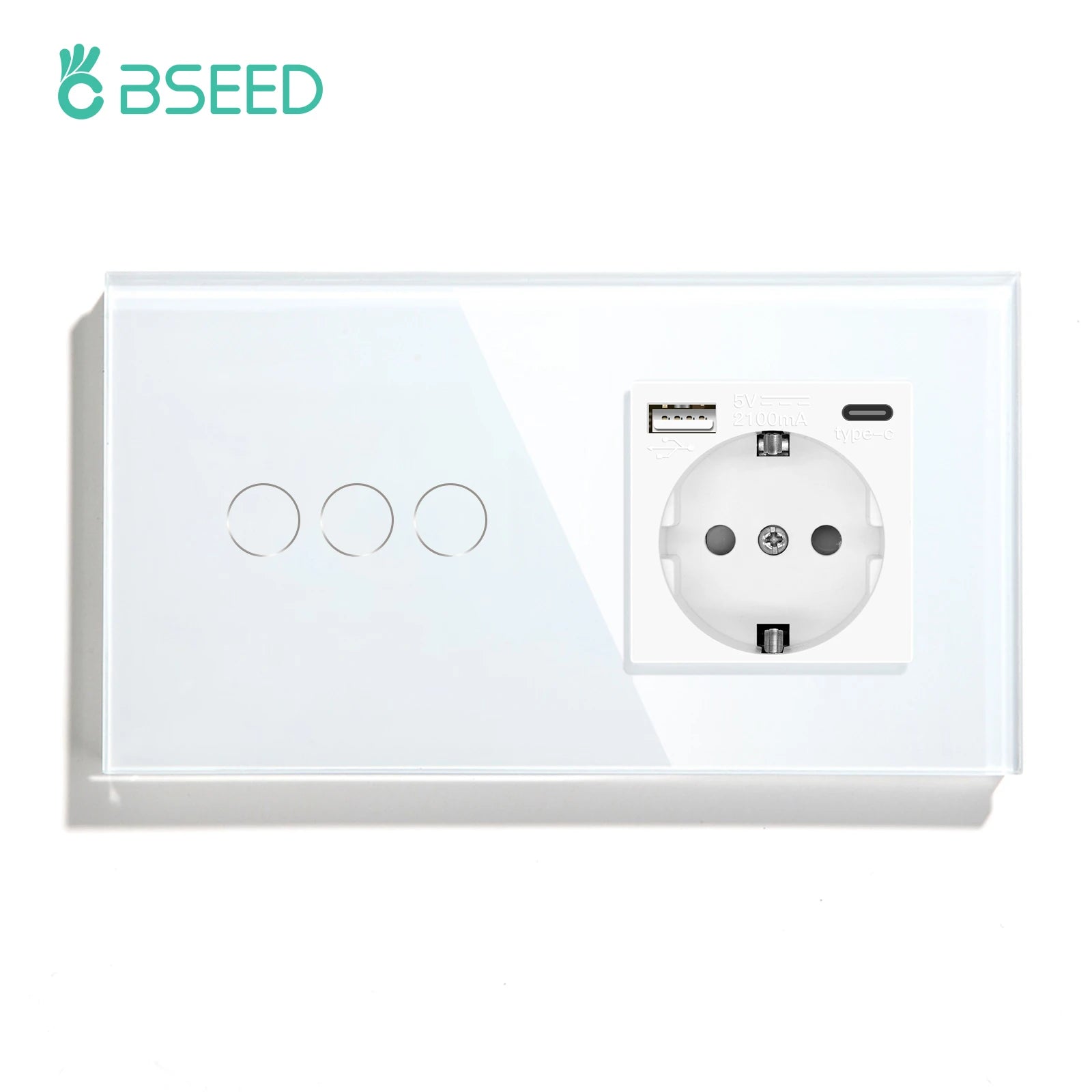 BSEED Touch Light Switch With EU Power Wall Sockets White Wall Led Switches 1/2/3Gang 1Way Crystal Glass Panel Dark Backlight