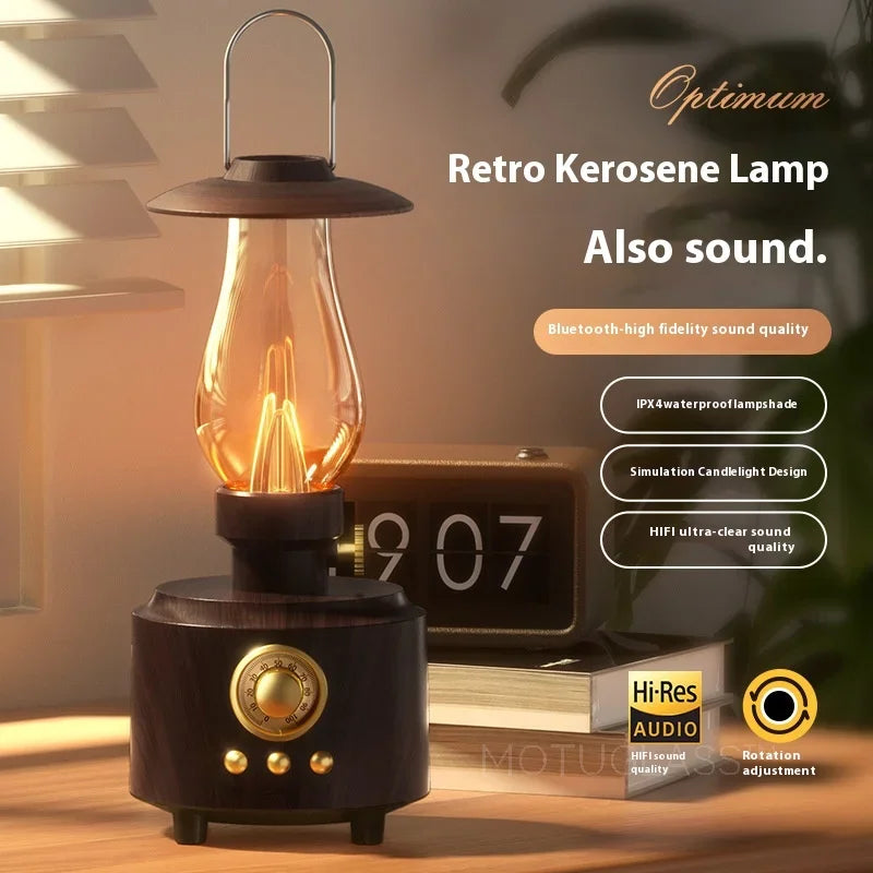 Bluetooth Speaker with Vintage Kerosene Lamp Style Portable FM Radio USB Night Light Ideal for Camping and Home Decor