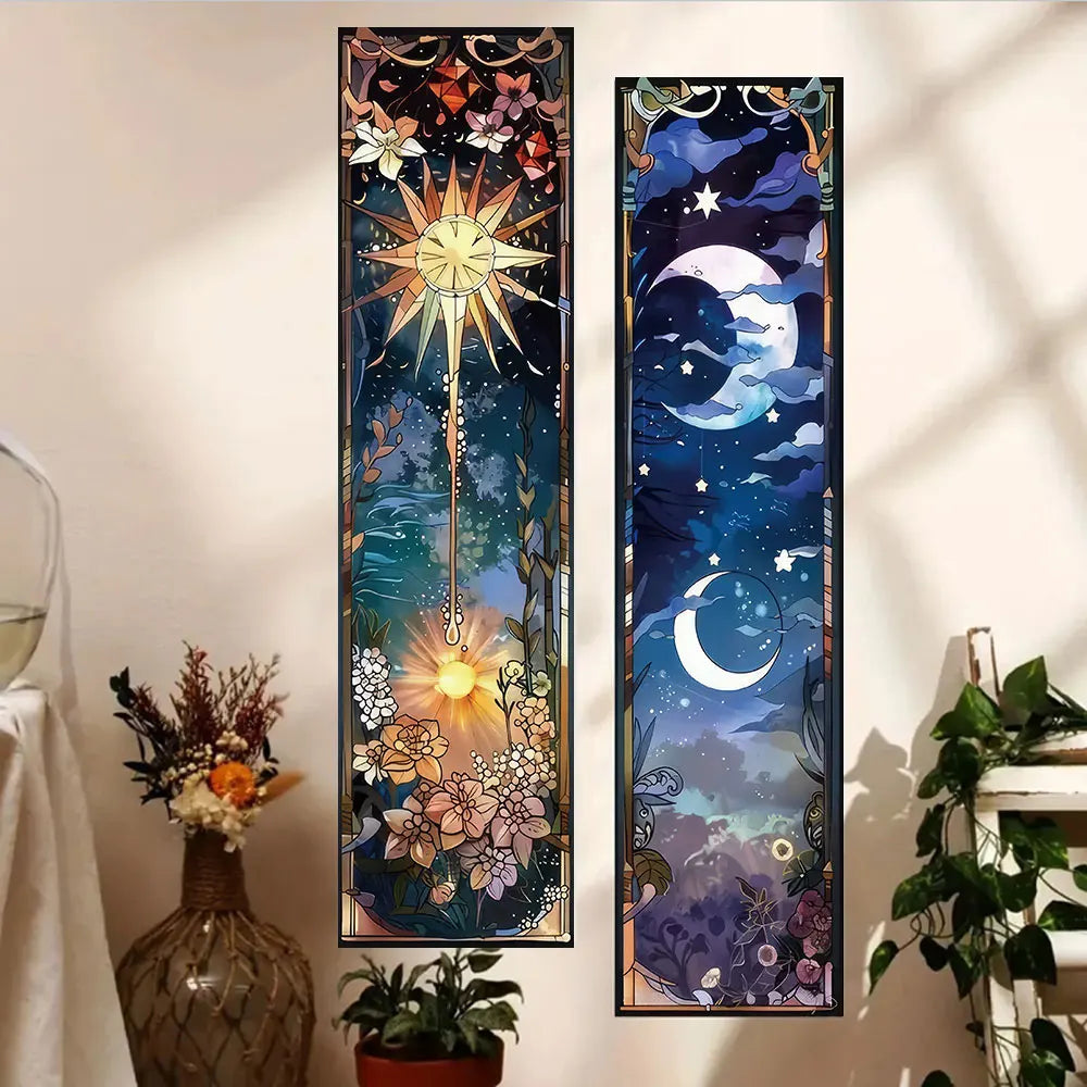 Retro Sun and Moon Scenery Tapestry Hippie Floral Aesthetic Tapestry Wall Hanging  Flower & Plants Night Sky Wall Decoration