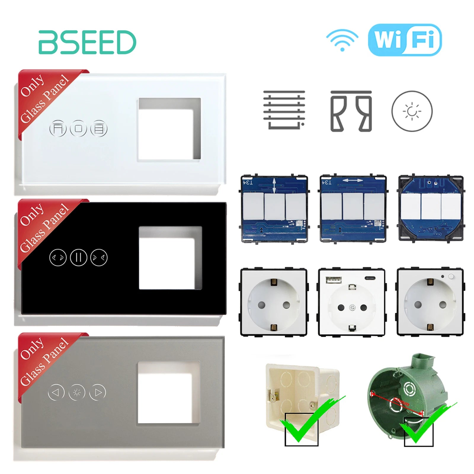 BSEED Wifi Roller Shutter Curtian Dimmer Touch Switches Glass Panel EU Socket Tuya Smart Plug Spare Parts DIY Free Combination