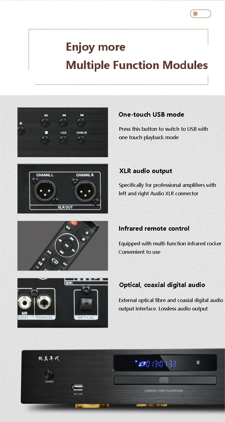 Audiophile HIFI CD Player Bluetooth 5.0 USB Lossless Music Player Balanced Digital Optical Coaxial Output DTS Music Turntable