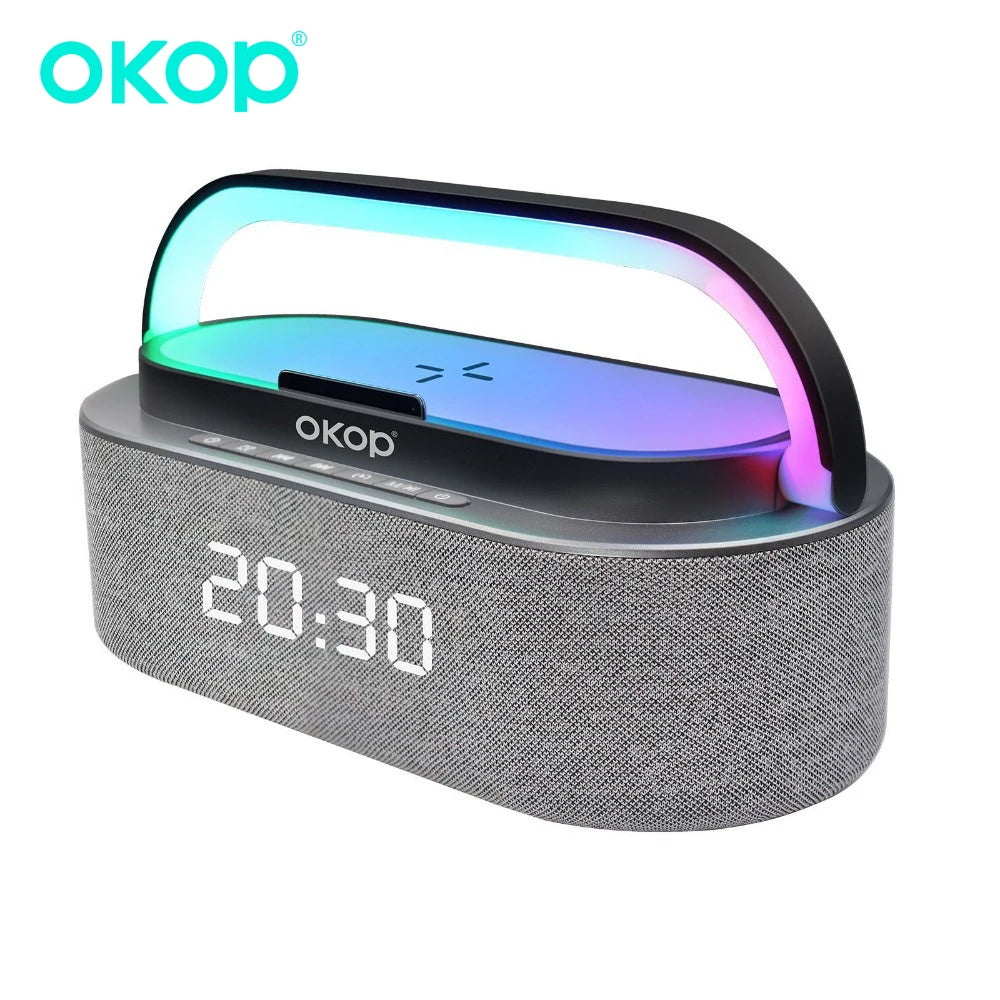 OKOP Bluetooth Speakers,6 in 1 Multi-function,Alarm Clock, Wireless Charger RGB Night Light , Audio,portable Speaker,White Noise