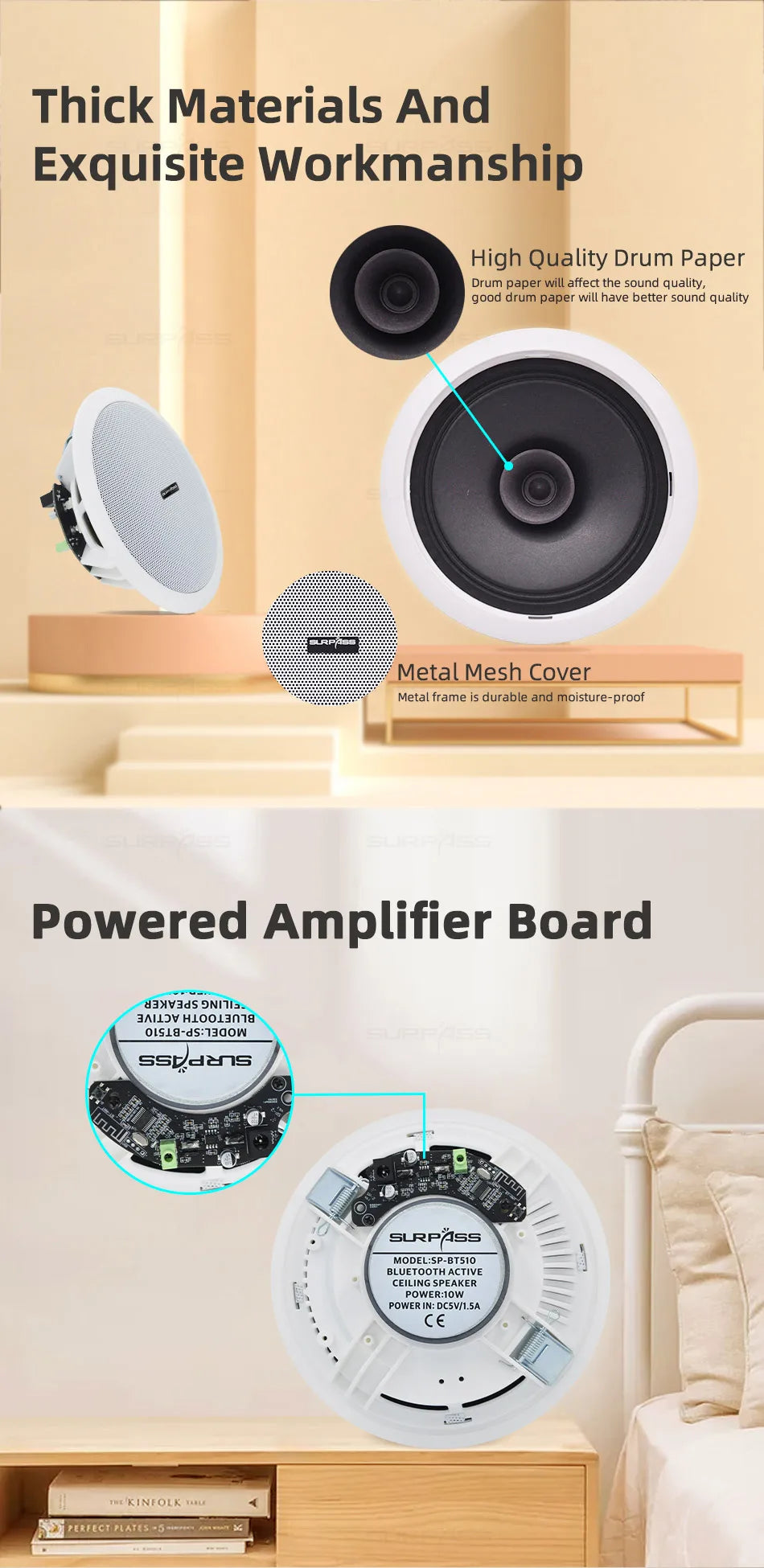 Home and Commercial Caixa De Som Bluetooth Speaker Active and Wired Ceiling Speaker Background Music Stereo for Home Theater 10W