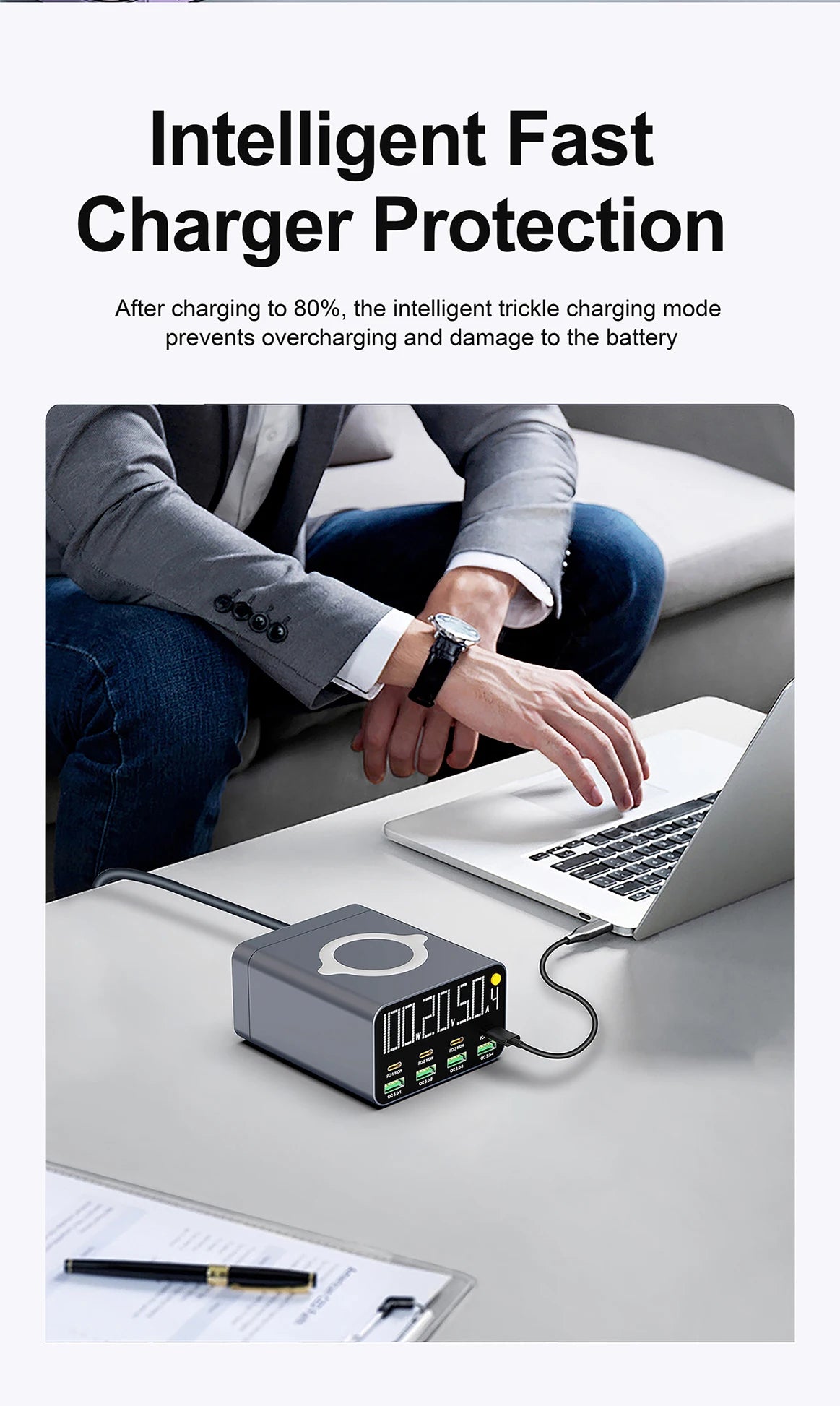 80W/120W 8 Ports Charger station Digital Display USB Type C With Wireless Charger PD QC3.0 Quick Charger For Laptop Tablet Phone
