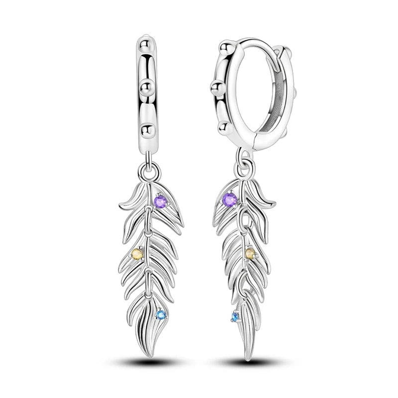 925 Sterling Silver Earrings Bohemian Colorful Feather Hoops Earrings With Zircon for Women Wedding Party Fashion Jewelry Gifts