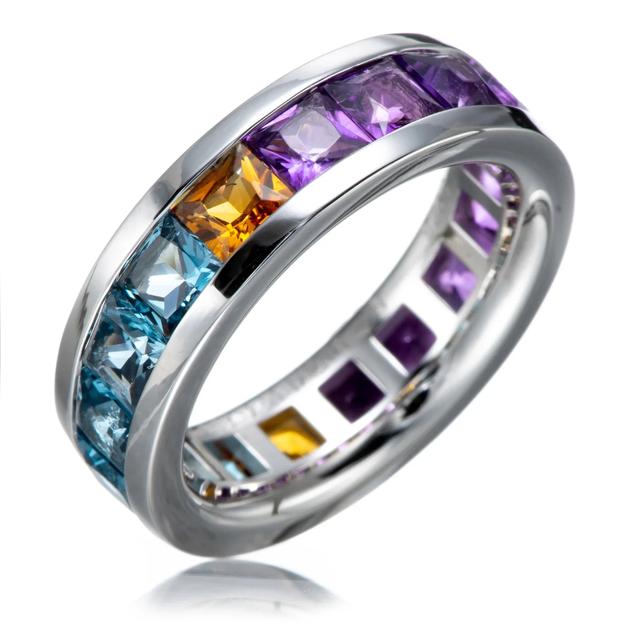 Boseok Amethyst,Citrine,London Blue Topaz Rhodium Over Sterling Silver Ring