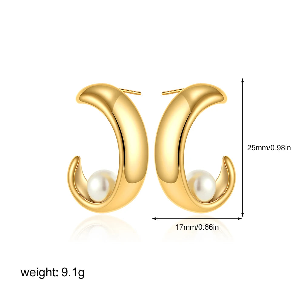 Fashion Stainless Steel Pearl Earrings for Women Texture Geometric Irregular Round Metal Stud Earring Trendy Jewelry Gift