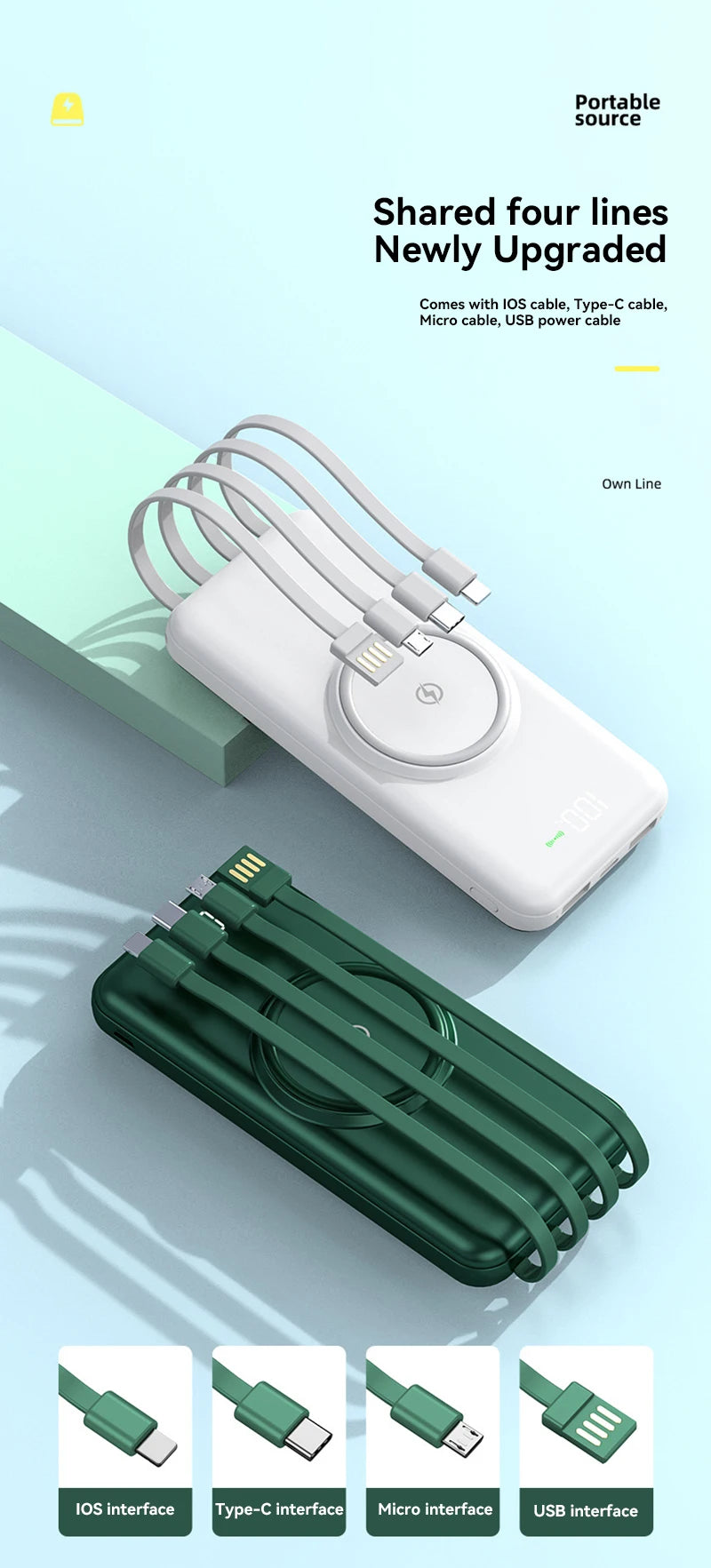 40000mah Wireless Power Bank Large Capacity Portable 5In1 Charge Powerbank Built-in Cables Dual USB External Battery For Xiaomi