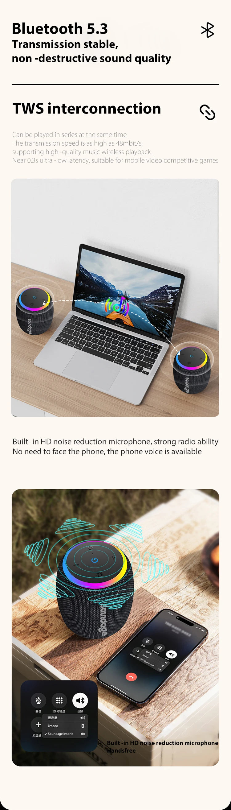 Soundage Portable Wireless Bluetooth Speaker 360 Degree Stereo Surround Subwoofer IPX6 Waterproof Support TF TWS Speaker