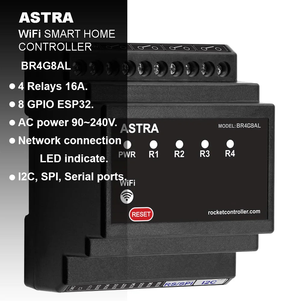 Basic Smart Home controller. WiFi, Bluetooth. Input/Output. TASMOTA firmware. MQTT protocol. Compatible Home Assistant. ESP32