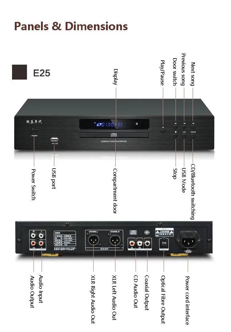 Audiophile HIFI CD Player Bluetooth 5.0 USB Lossless Music Player Balanced Digital Optical Coaxial Output DTS Music Turntable