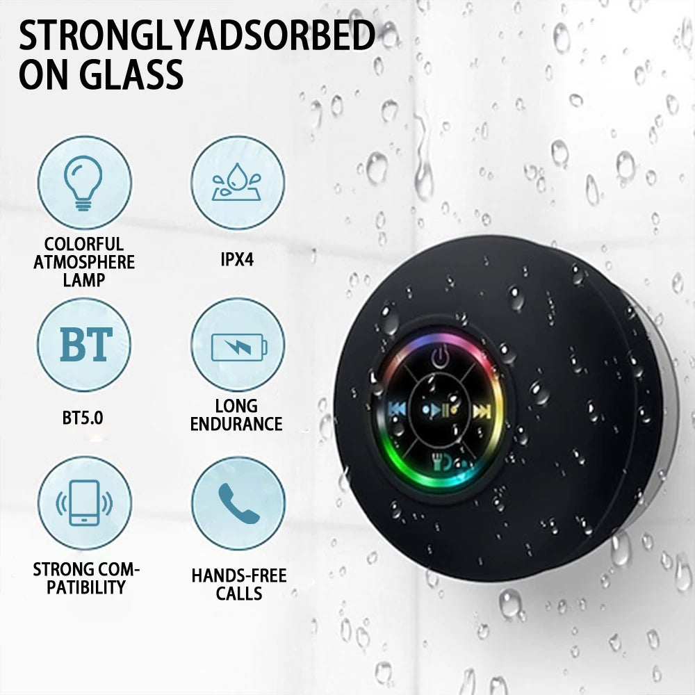 Portable Wireless Bluetooth Speaker LED Light IPX4 Waterproof Speaker Outdoor Bathroom Suction Cup Mini 3D Subwoofer Sound Box