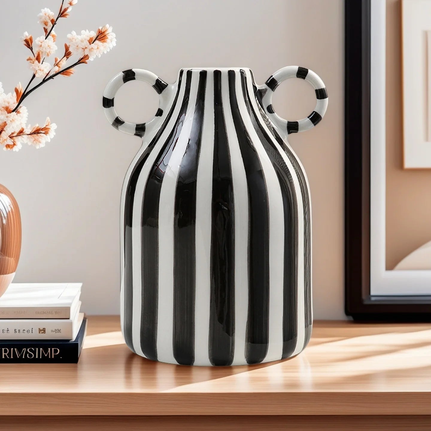 Nordic Style Art Vase Ornament Double Ear Striped Ceramic Vase Hydroponic Flower Cutting Bottle Home Decoration Flowerpot