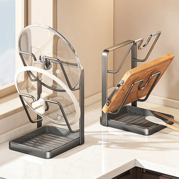 Kitchen Pot Lid Rack No Drill Pot Lid Organizer Kitchen Space Saving Countertop Organizer Rack with Drainage Tray Easy to Clean