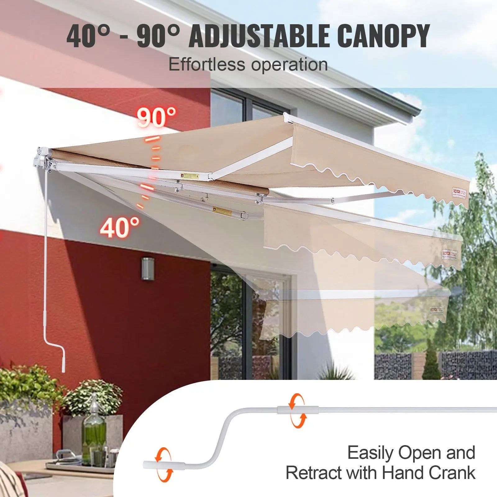 Manual Retractable Awning, 10 x 8 ft Outdoor Patio Awning Retractable Sun Shade, Water-Resistant Polyester Patio Door Window Awn