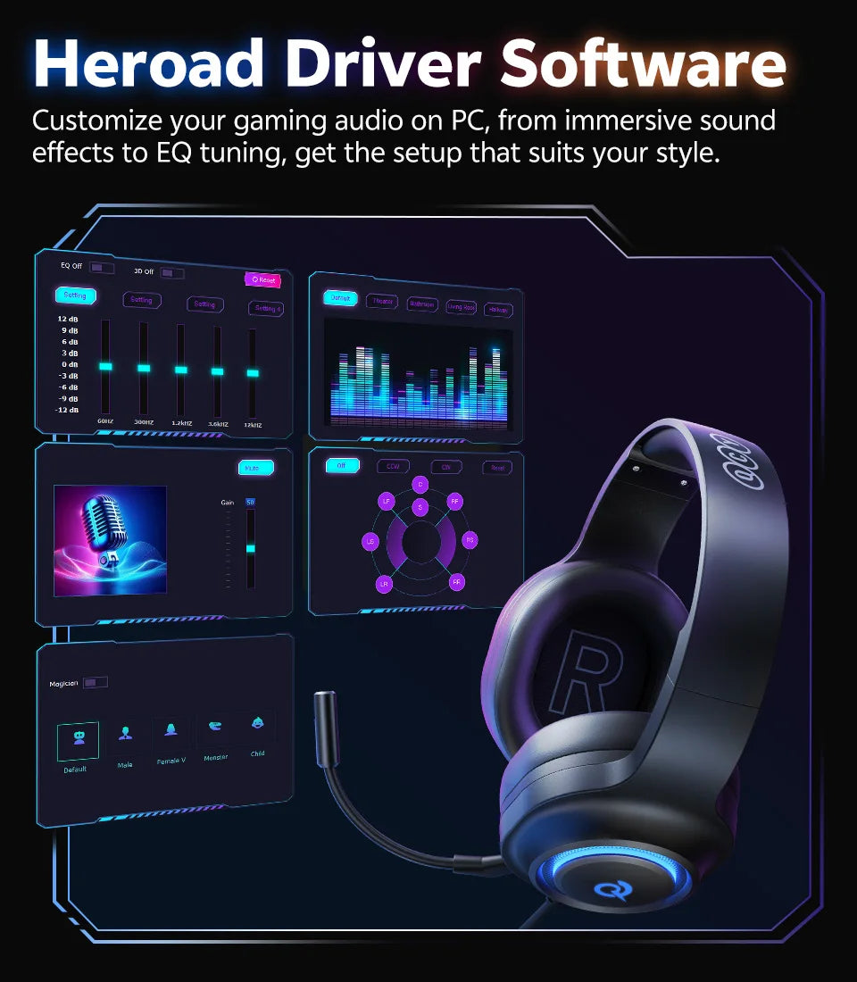 QCY Heroad V200 Gaming Headset Bluetooth 6.0 with Mic 50mm Driver 7.1 Surround Sound RGB Over Ear Headphones for PC Laptop PS4/5