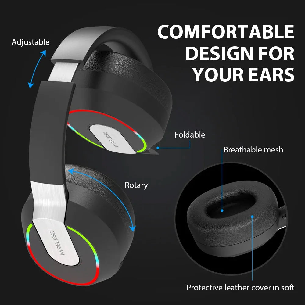 Wireless Headphones with MicroPhone Game Headset Blutooth 5.1 Gamer Surround Stereo Earphone Colourful Light PC Laptop Earpiece