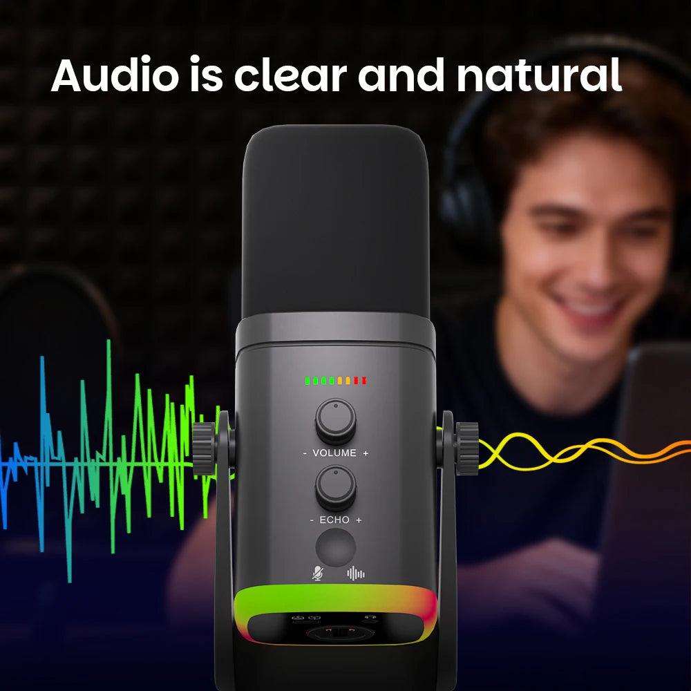 EASEMELO Dynamic RGB Breathing Light Microphone with Noise Cancelling USB Type-C Wired HIFI Sound Card for Gaming Streaming