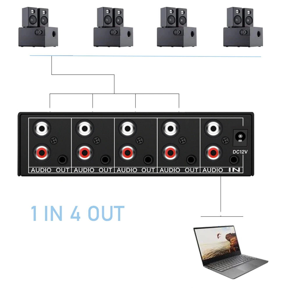 Audio Splitter 1 in 4 out RCA L/R Aux Stereo Audio splitter 1X4 Audio Distributor for PC DVD Speaker Analog audio splitte