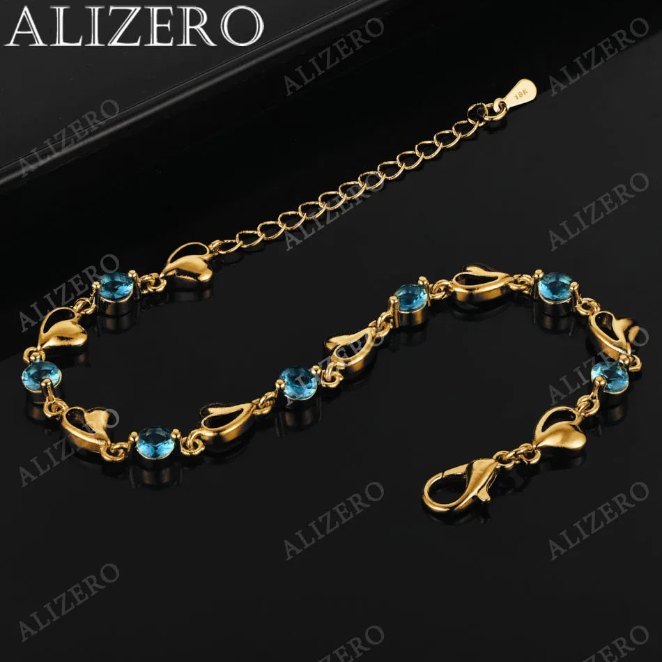 ALIZERO 925 Sterling Silver 18K Gold Blue Zircon Sapphire Heart Bracelets For Women Wedding Party Gift Fashion Jewelry