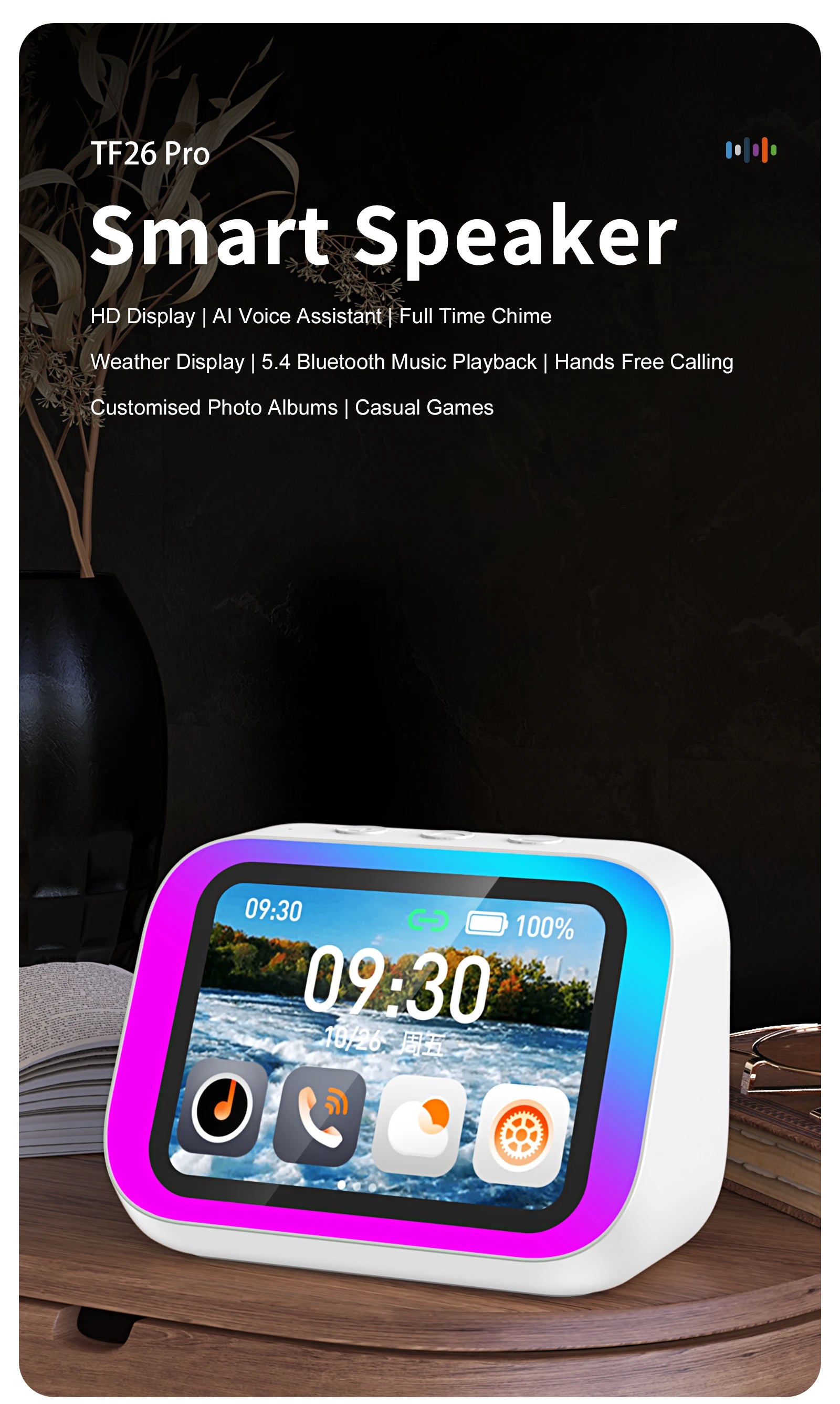 Smart Bluetooth Translator RGB Speaker 18 Languages Real-time Translation AI bluetooth 5.4 speaker with LCD display, game,alarm