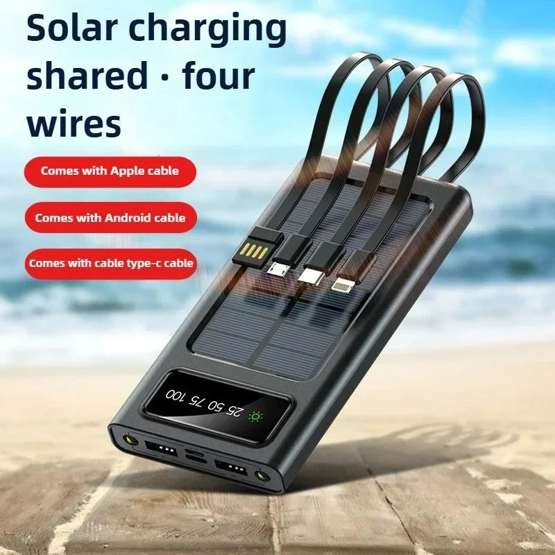 New 20000mAh Solar Power Bank Large Capacity Mobile Power Fast Charging Battery with Dual USB 4 Cables for IPhone Samsung Xiaomi