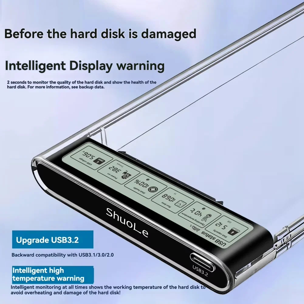 2.5'' HDD SSD Case Smart Display External HDD Enclosure USB3.2 Gen2 Hard Drive Clear Portable Storage Case for Laptop PC