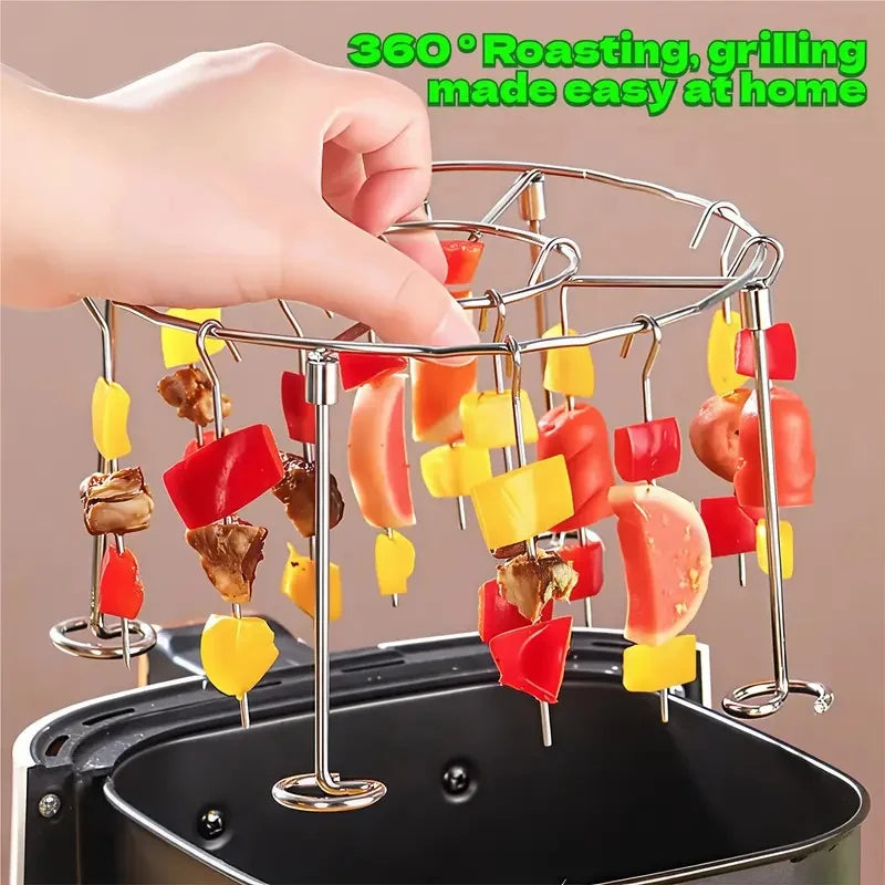 Air Fryer Grill Set: 304 Steel Vertical Grill + 24 Skewers. Grill kabobs evenly indoors/outdoors. Fits 3-6QT models.
