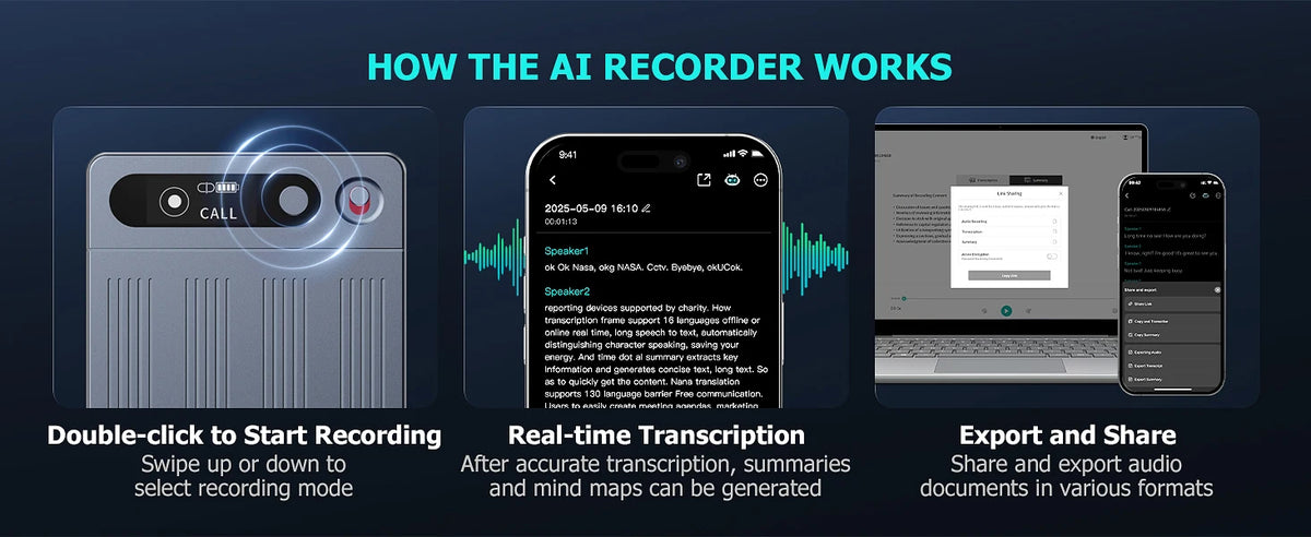 Transcriber Device AI Voice Recorder with App Control Utilizing Advanced AI for Transcrip ...