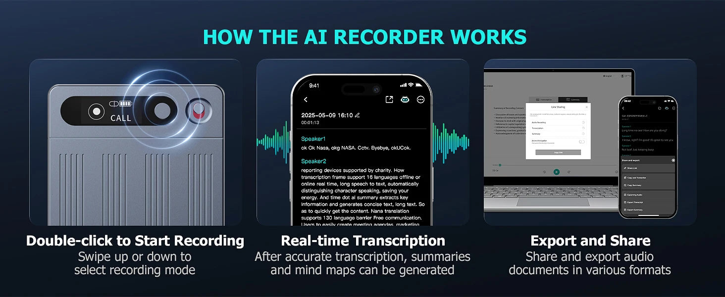 AI Voice Recorder with App Control Utilizing Advanced AI for Transcription And Summarization Portable Audio Recording Device