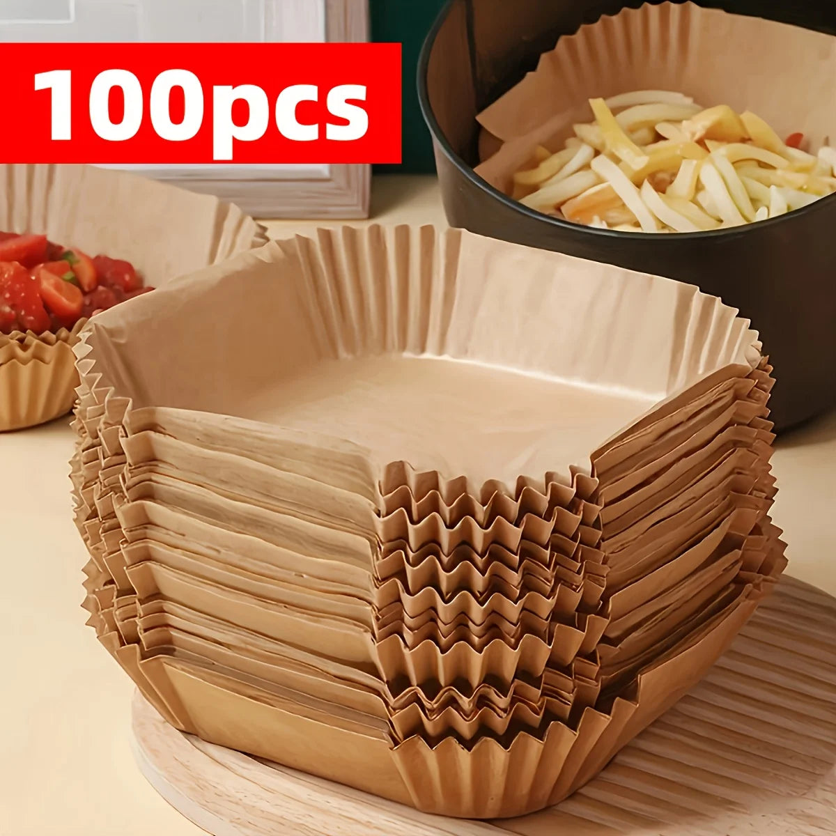 100 non-stick air fryer liners - high-quality single-layer paper with grooved edges, ensuring safe cooking, easy cleaning