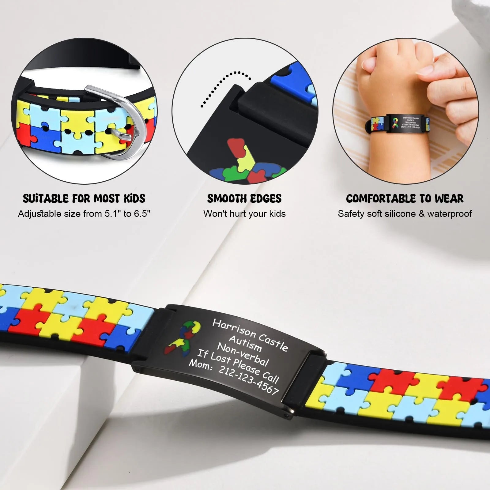 Personalized Autism Medical Alert ID Bracelet, Custom Engraved Emergency Silcone Wristband for little Girls Boys ( 0-7 years)