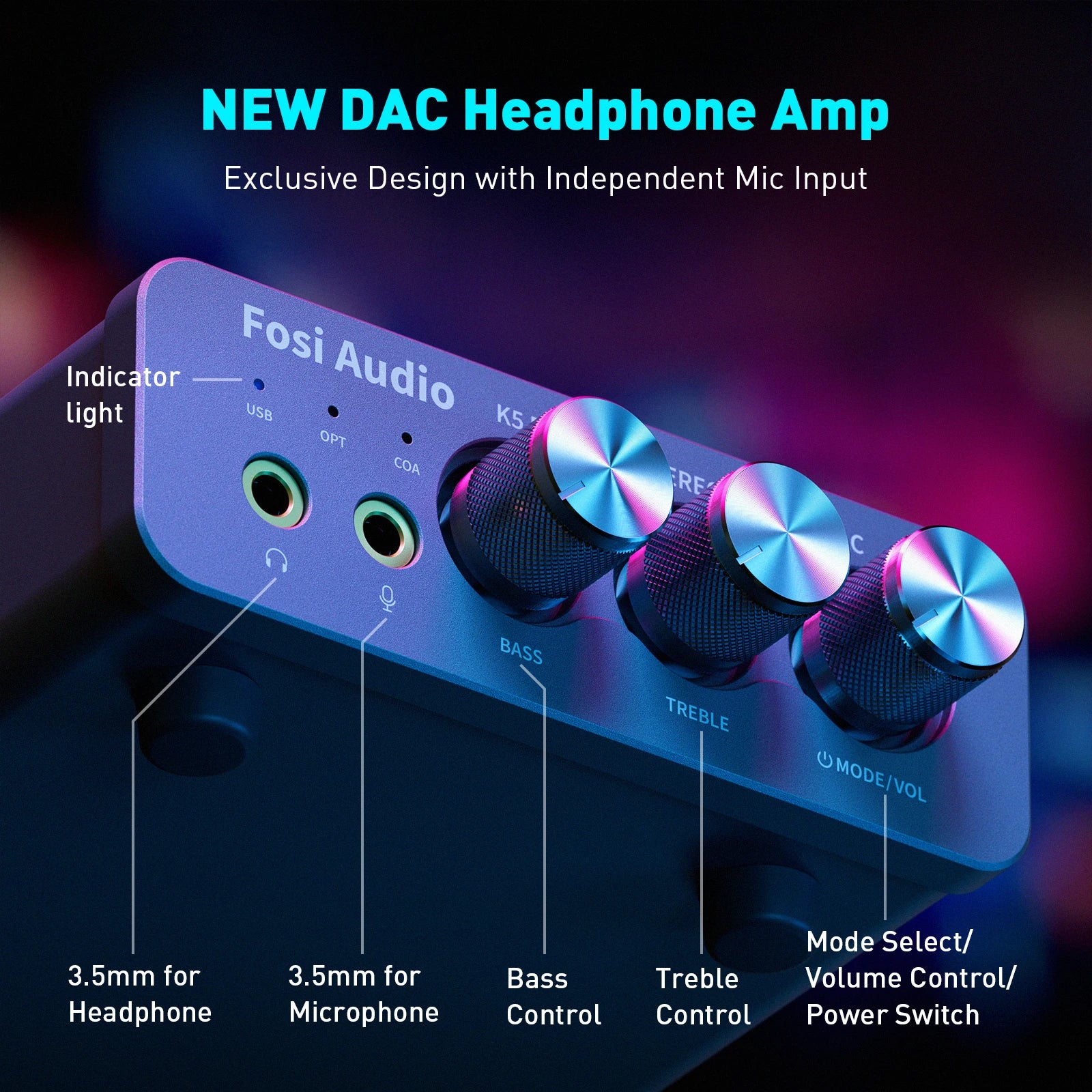 Fosi Audio K5 PRO Gaming USB DAC With Microphone Headphone Amplifier Mini Audio Decoder for PS5 Desktop Powered Active Speakers
