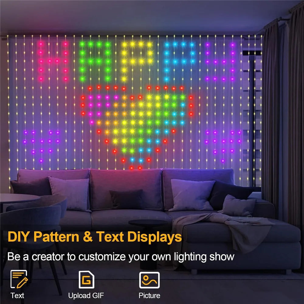Smart LED Curtain Lights USB,400 LED Dynamic Pattern DIY Curtain String Lights with App & Remote for Birthday Easter Gift