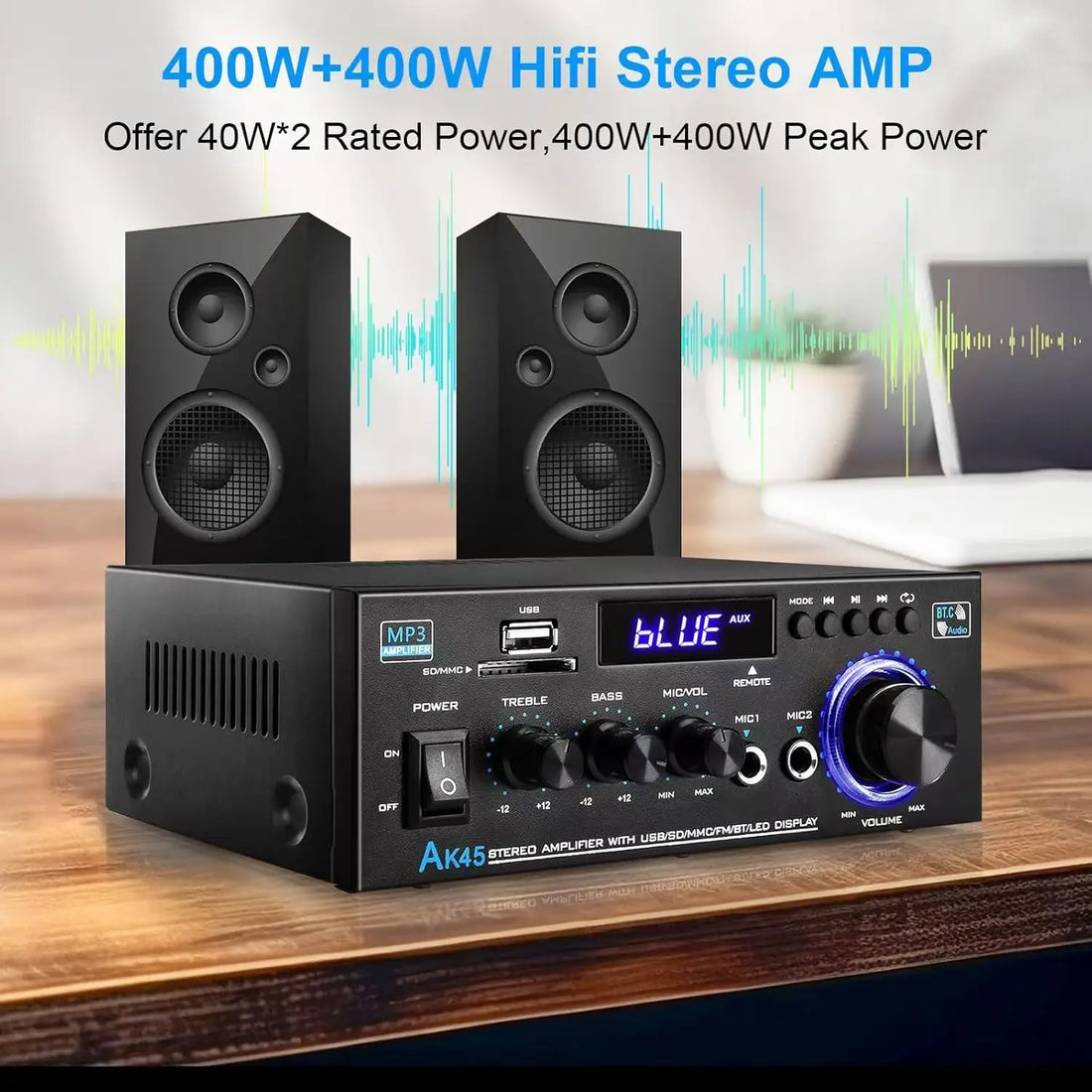 AK45 HiFi Digital Bluetooth Audio Amplifier MP3 Channel 2.0 Sound Power AMP stereo Home Automotive Car for Speakers MAX 350W*2