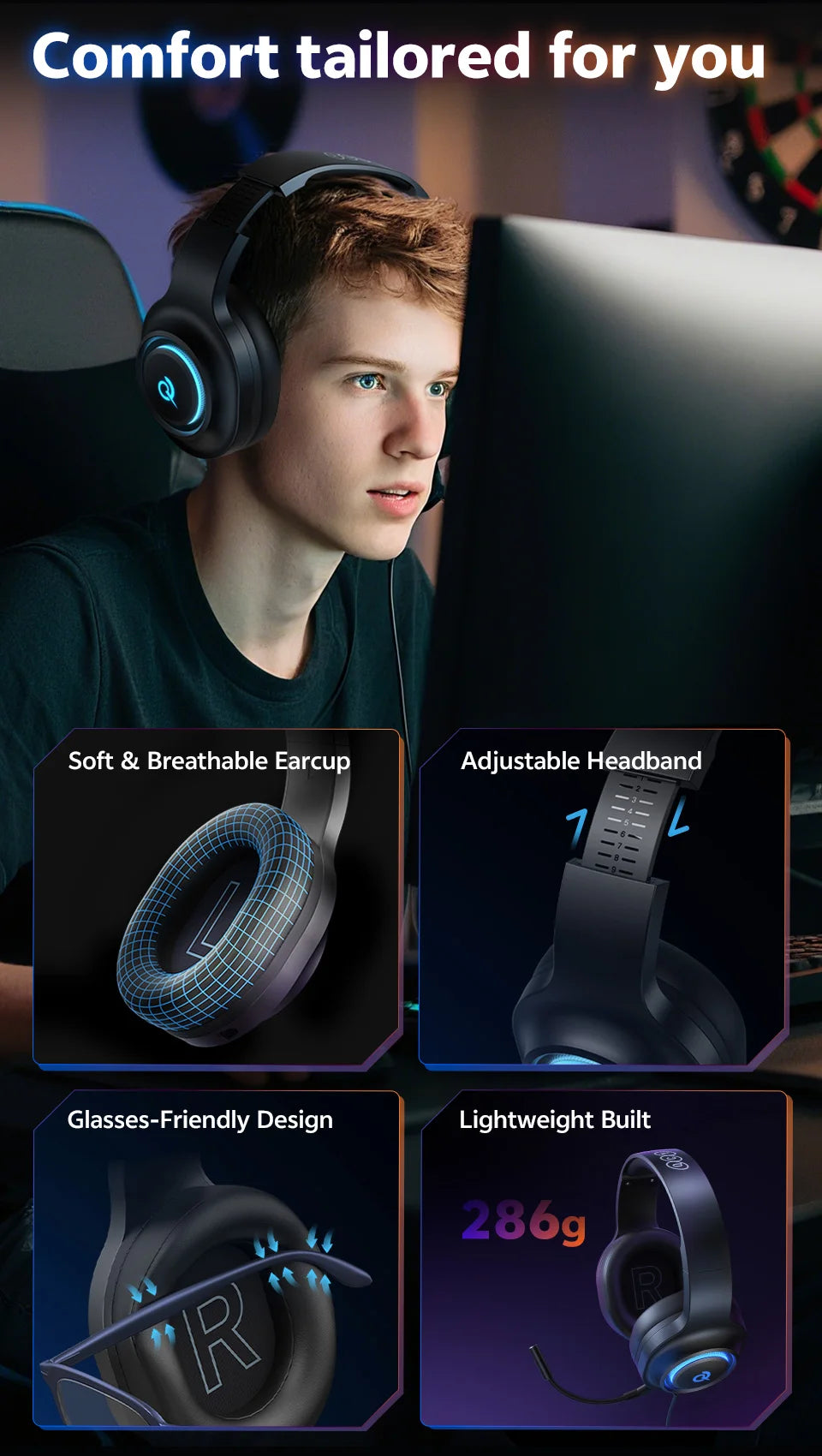 QCY Heroad V200 Gaming Headset Bluetooth 6.0 with Mic 50mm Driver 7.1 Surround Sound RGB Over Ear Headphones for PC Laptop PS4/5