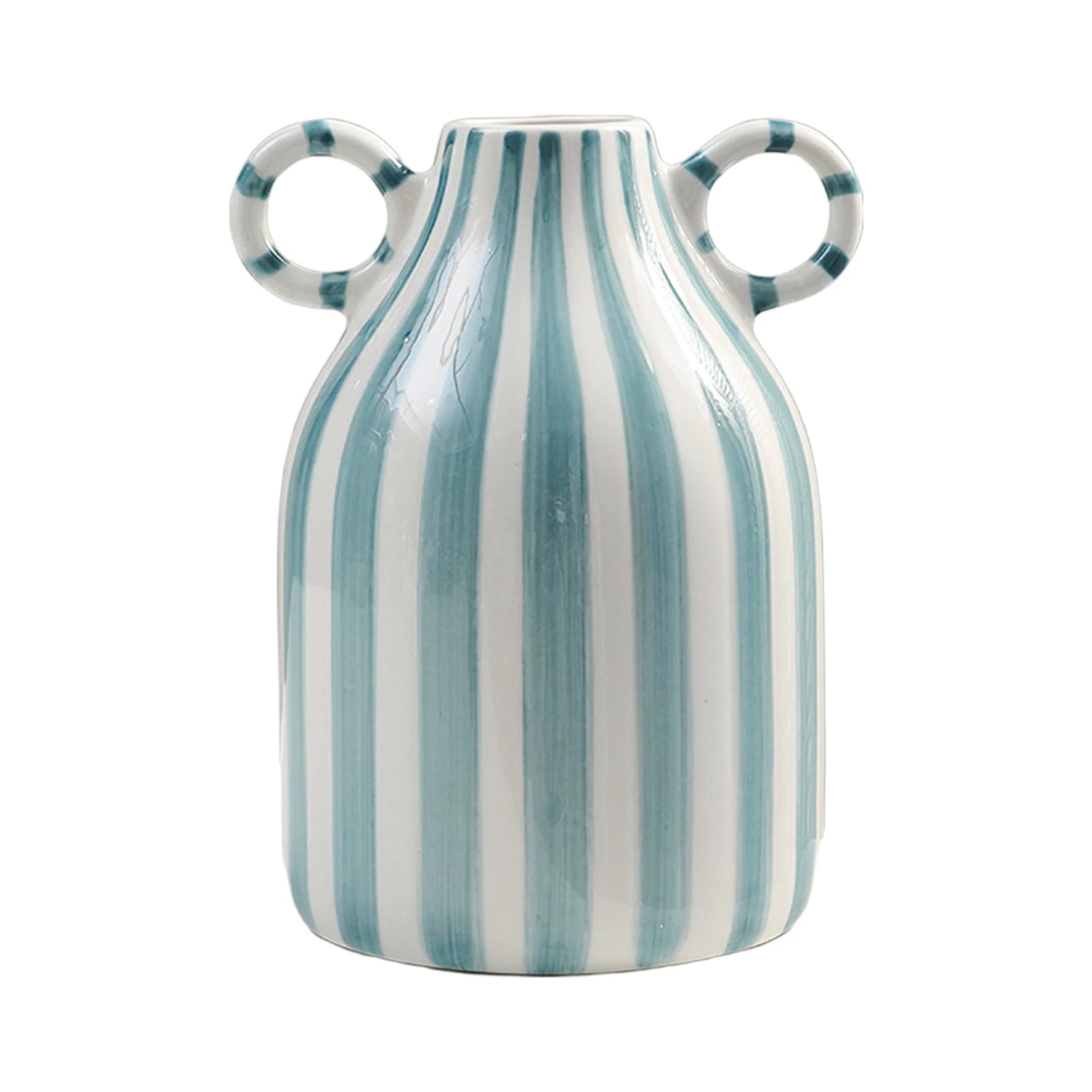 Nordic Style Art Vase Ornament Double Ear Striped Ceramic Vase Hydroponic Flower Cutting Bottle Home Decoration Flowerpot
