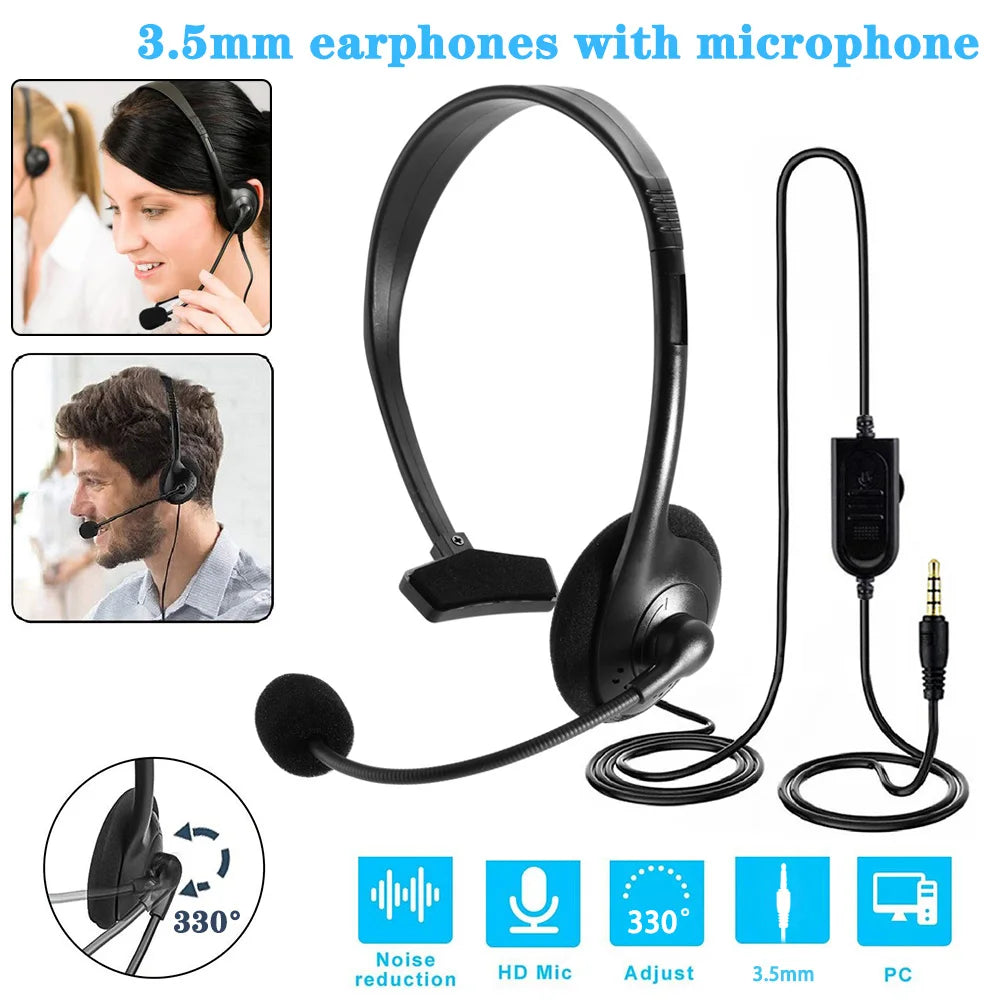 Universal Call Center Headphones 3.5mm Wired Gaming Business Single-Sided Headset with Mic Telephone Operator Earphones