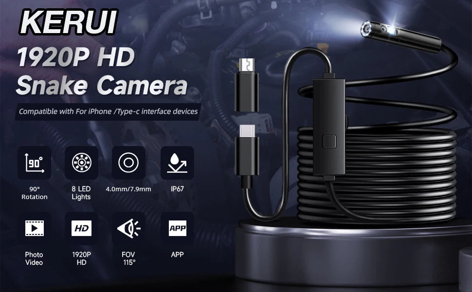 KERUI Single/Dual Lens Endoscope Camera For iPhone iPad IOS & Android Type-c Led Light IP67 Borescope Industry Inspection Camera