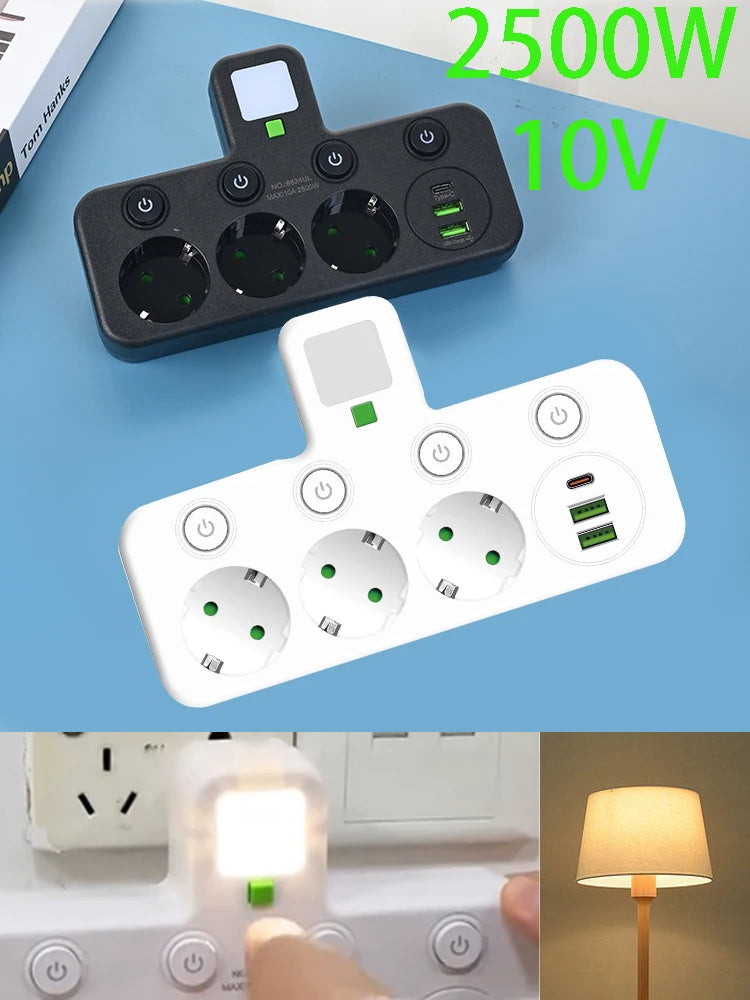 Wireless Wall Charger Socket with 3 AC Outlets +2 USB Ports+ 1 Type C 6-in-1 Plug Socket EU Plug Fast Charging power board