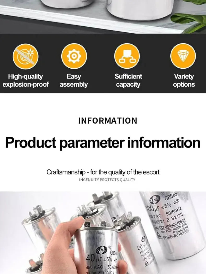 20UF25UF30UF 35UF 40UF 45UF 50UF 55UF 60-100UF CBB65 Air Conditioner Capacitor Compressor Motor Runs Starting Capacitor 450VAC