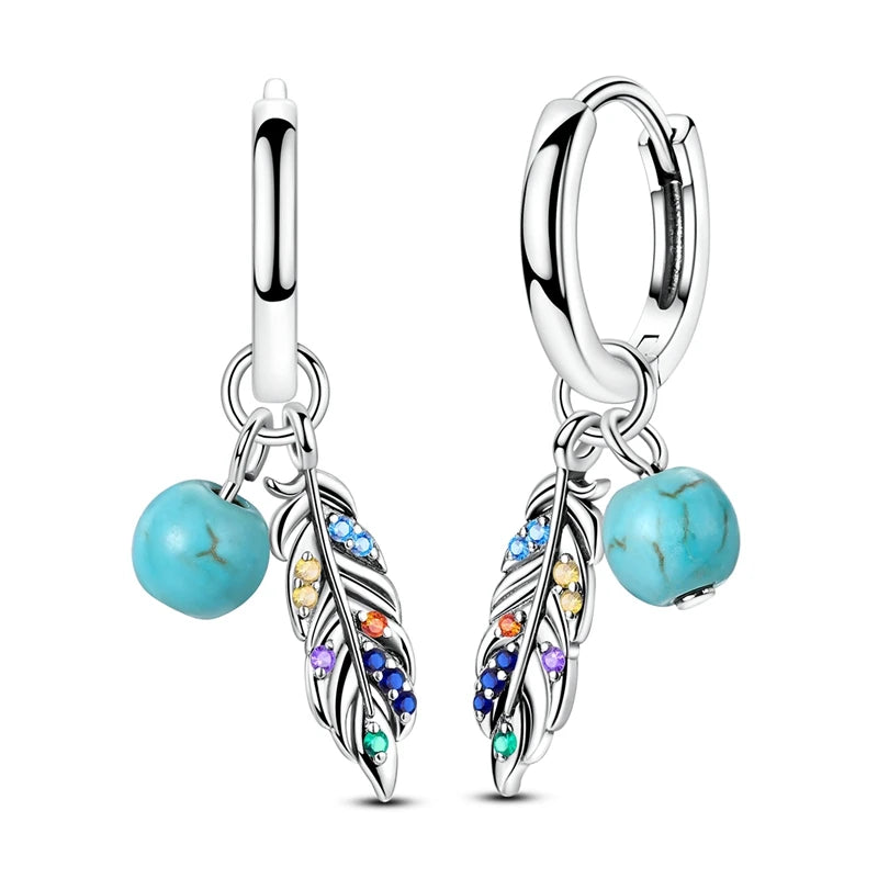 925 Sterling Silver Earrings Bohemian Colorful Feather Hoops Earrings With Zircon for Women Wedding Party Fashion Jewelry Gifts