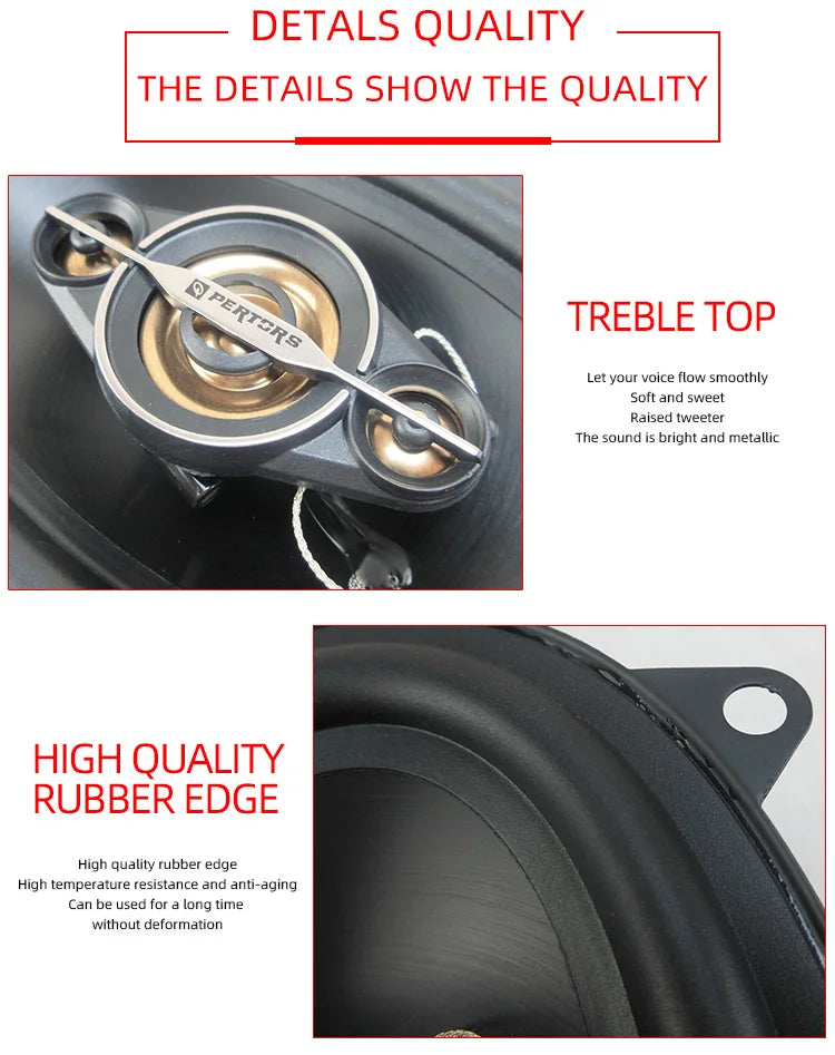A pair of 4x6-inch coaxial four-way car audio speakers, 500W maximum power, 50W RMS, high-power sound quality, 4 ohm impedance