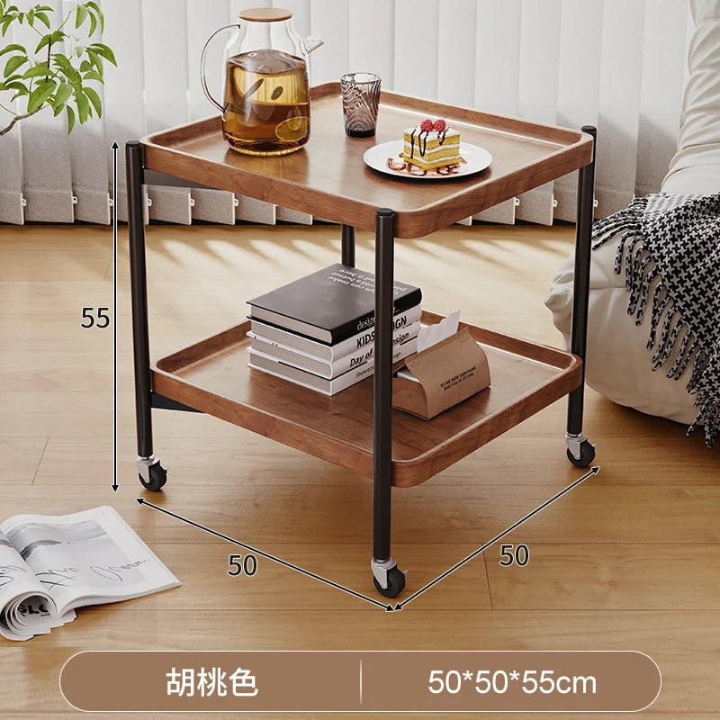 Solid Wood Rolling Cart Table Movable Side Wheels Compact Wooden Tea Trolley Living Room Portable Coffee Bedroom Bedside Storage
